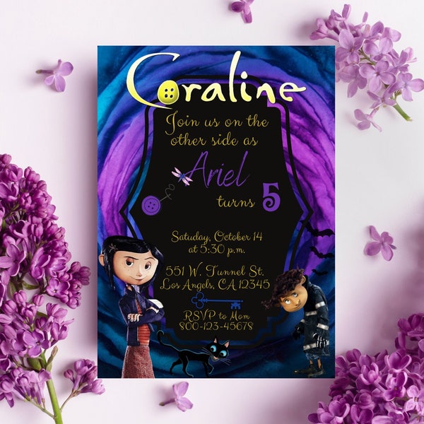 Coraline Digital Invitation Template, Coraline and Wybie Invitation, Tim Burton Coraline Birthday, Coraline Birthday decorations