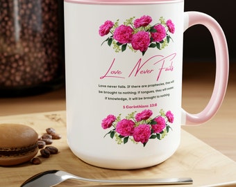 Love Never Fails 1 Corinthians 13:8 Two-Tone Coffee Mugs, 15oz