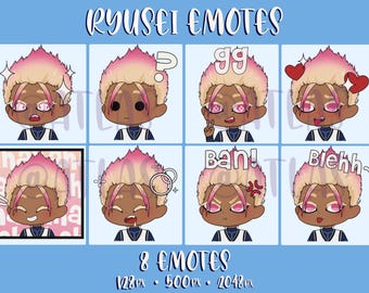 Op de afbeelding: Acht verschillende geanimeerde emotes met een cartoonfiguur met roze en blond haar. Het personage heeft verschillende uitdrukkingen, waaronder verrast, verward, blij, verdrietig, boos en walgelijk. De emotes zijn gelabeld met tekst zoals "gg", "Ban!" en "Blehh".