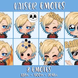 Puede incluir: Un conjunto de ocho emoticonos animados que presentan un personaje de dibujos animados con cabello rubio y ojos azules. Los emoticonos representan varias expresiones, incluyendo una calavera, riendo, sorprendido y usando gafas de sol. El texto "KAISER EMOTES" y "8 EMOTES" también se incluye en la imagen.