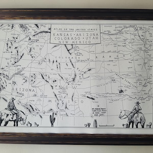 Handgezeichnete westliche Karte der USA 1870er Jahre. Kansas Arizona Utah New Mexico Colorado