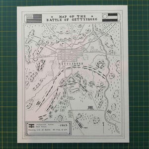 Carte dessinée à la main de la bataille de Gettysburg. Imprimé sur une toile de coton. Carte historique de la guerre civile