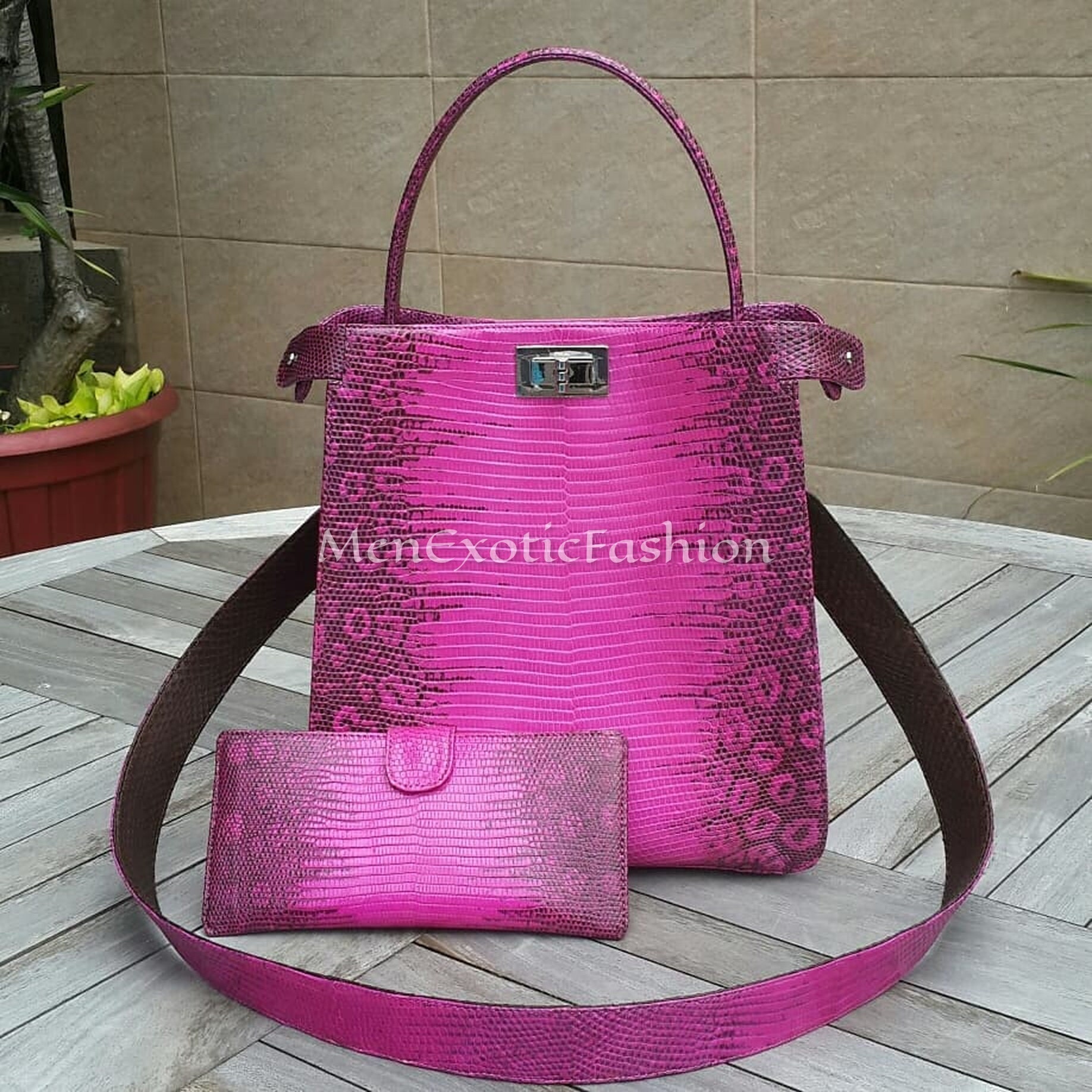 Set Pink Exotic Genuine Lizard Top Handle Bag, Leather Bag, Lizard Skin