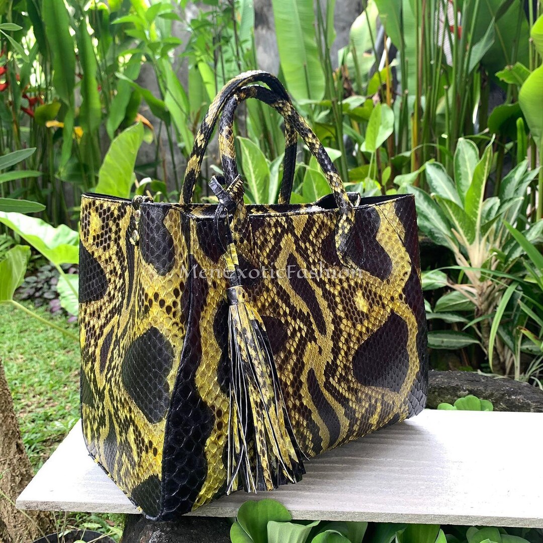 Black Exotic Genuine Python Top Handle Bag Leather Bag Snake Etsy