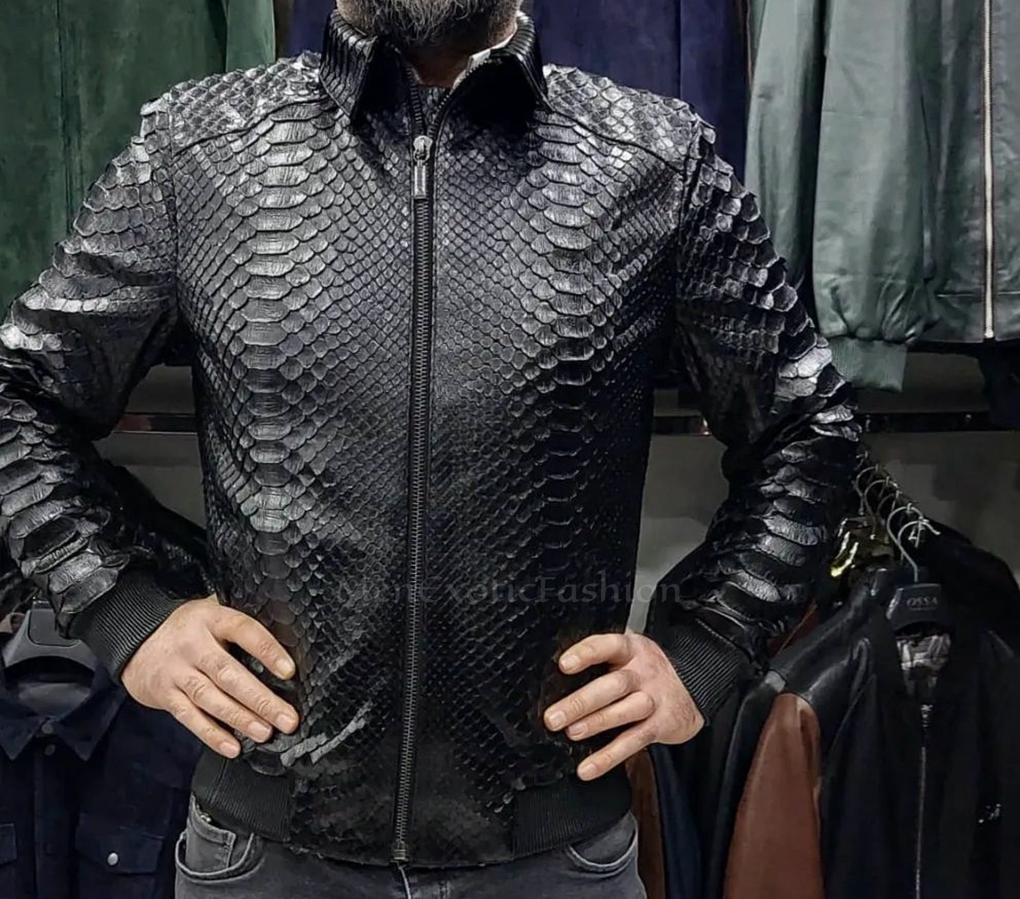 Men Black Crocodile Alligator Embossed Cowhide Leather Jacket