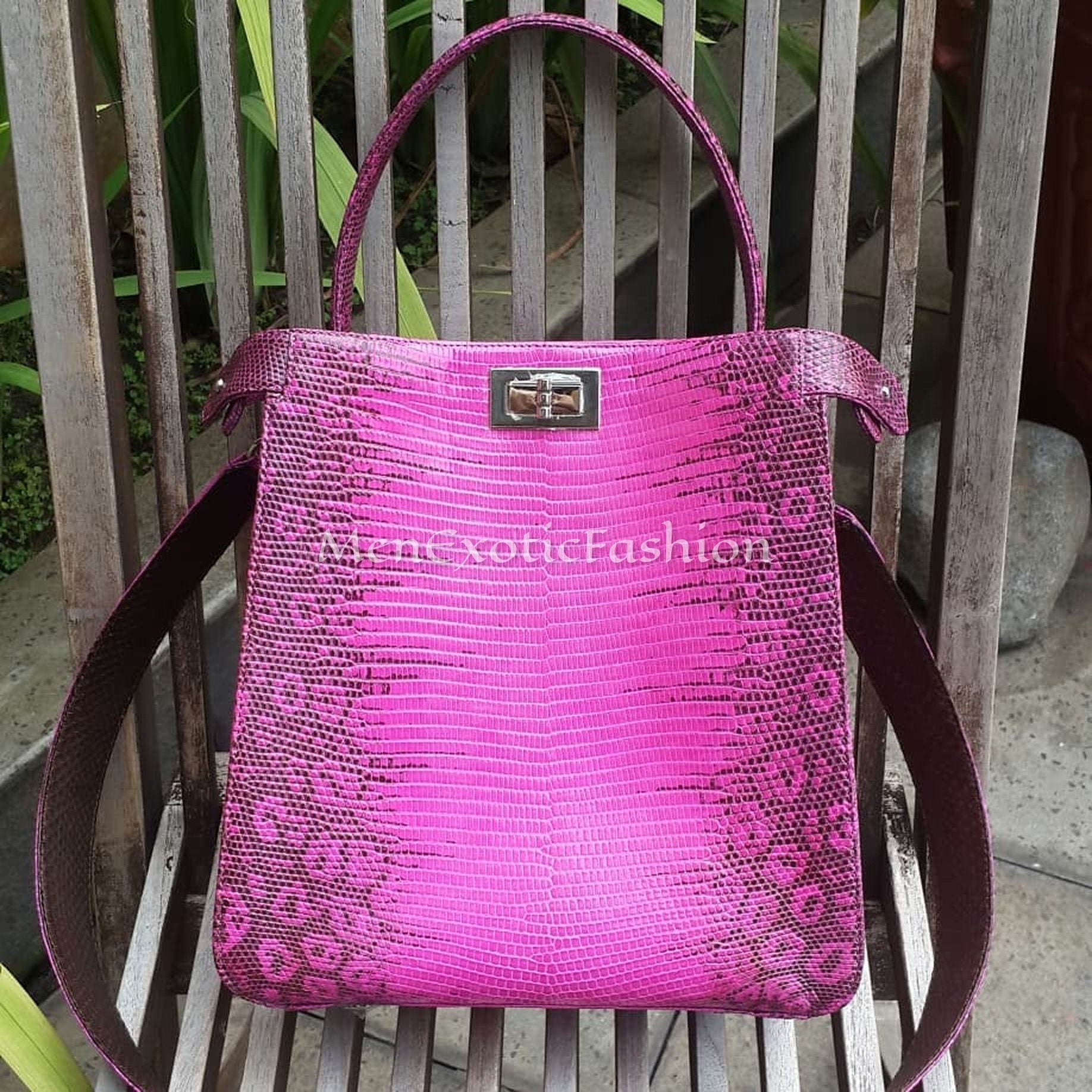 Set Pink Exotic Genuine Lizard Top Handle Bag, Leather Bag, Lizard Skin