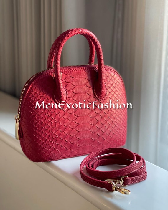 Red Genuine Python Top Handle Bag Snake Skin Handbag Exotic 