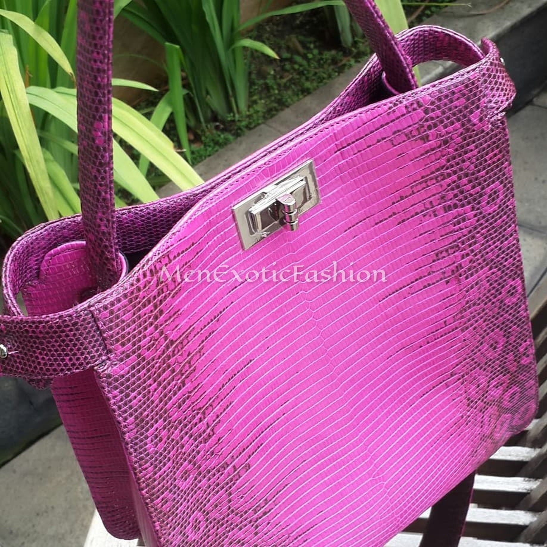 Set Pink Exotic Genuine Lizard Top Handle Bag, Leather Bag, Lizard Skin