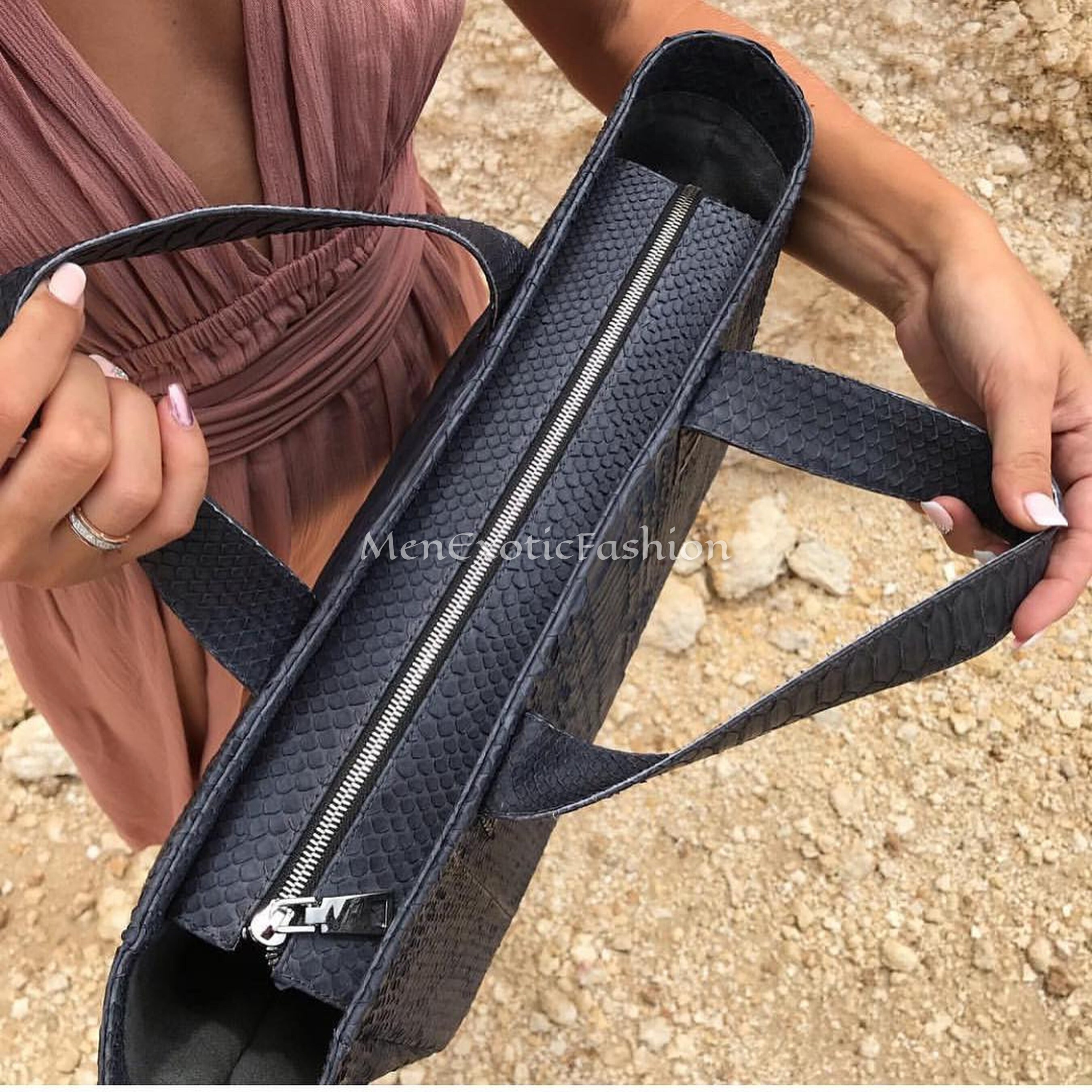 45 Cm Black Exotic Genuine Python Top Handle Bag Leather Bag Etsy