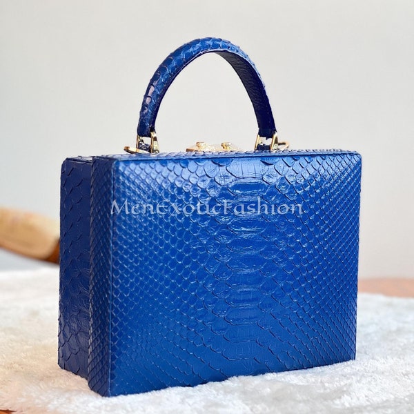 Blue Exotic Genuine Python Top Handle Bag, Leather Bag, Snake Skin Bag, Real Snake Skin