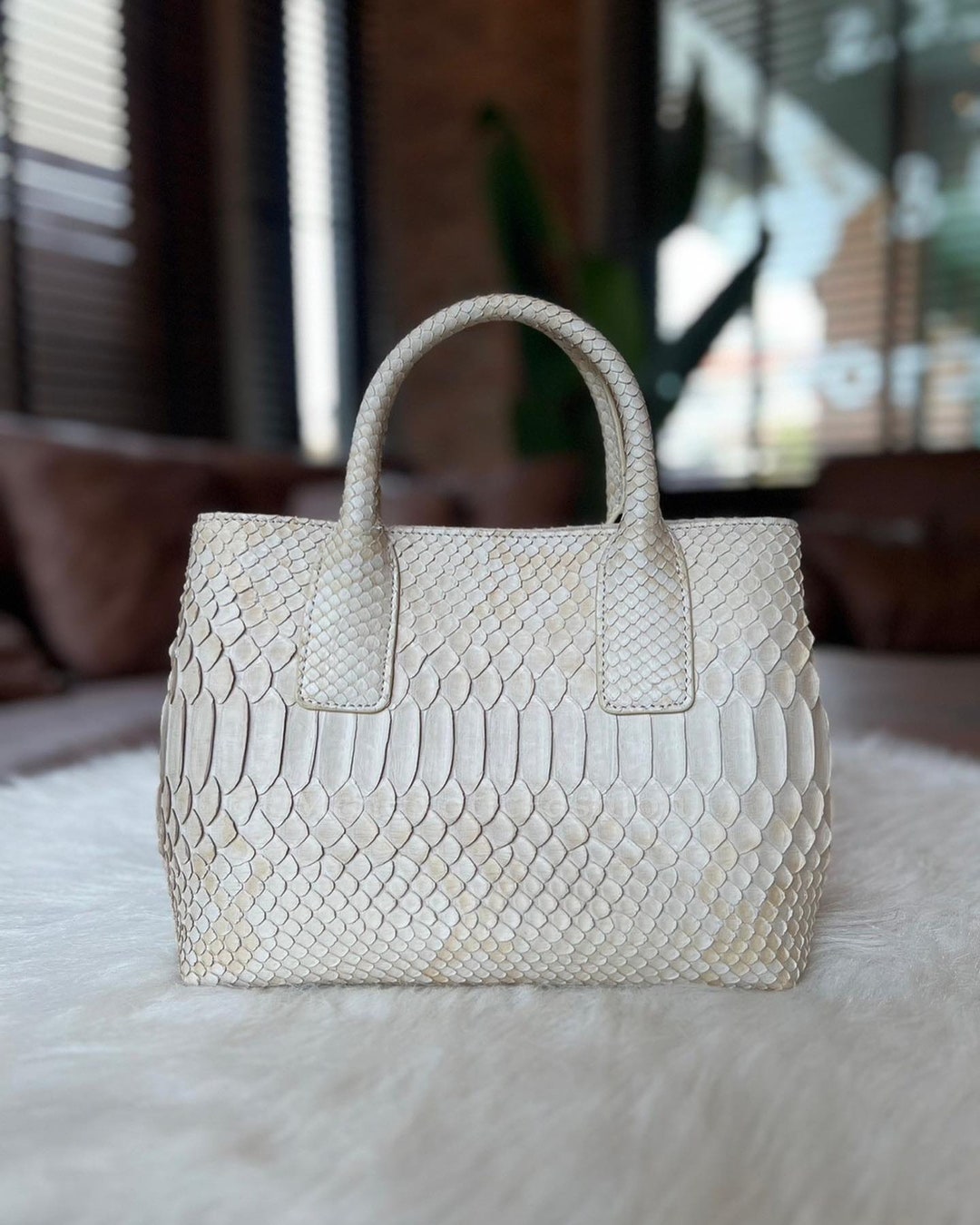 White Exotic Genuine Python Top Handle Bag, Leather Bag, Snake Skin Bag ...