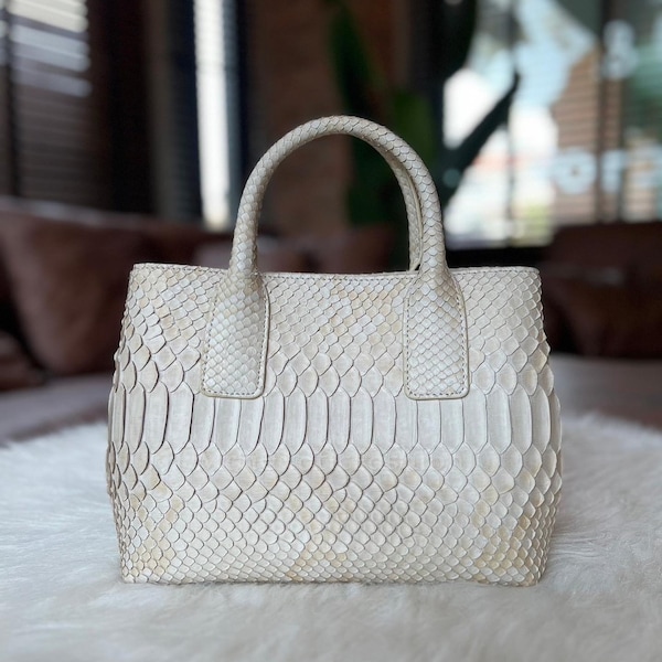 Witte exotische echte python top handvat tas, lederen tas, slangenhuid tas