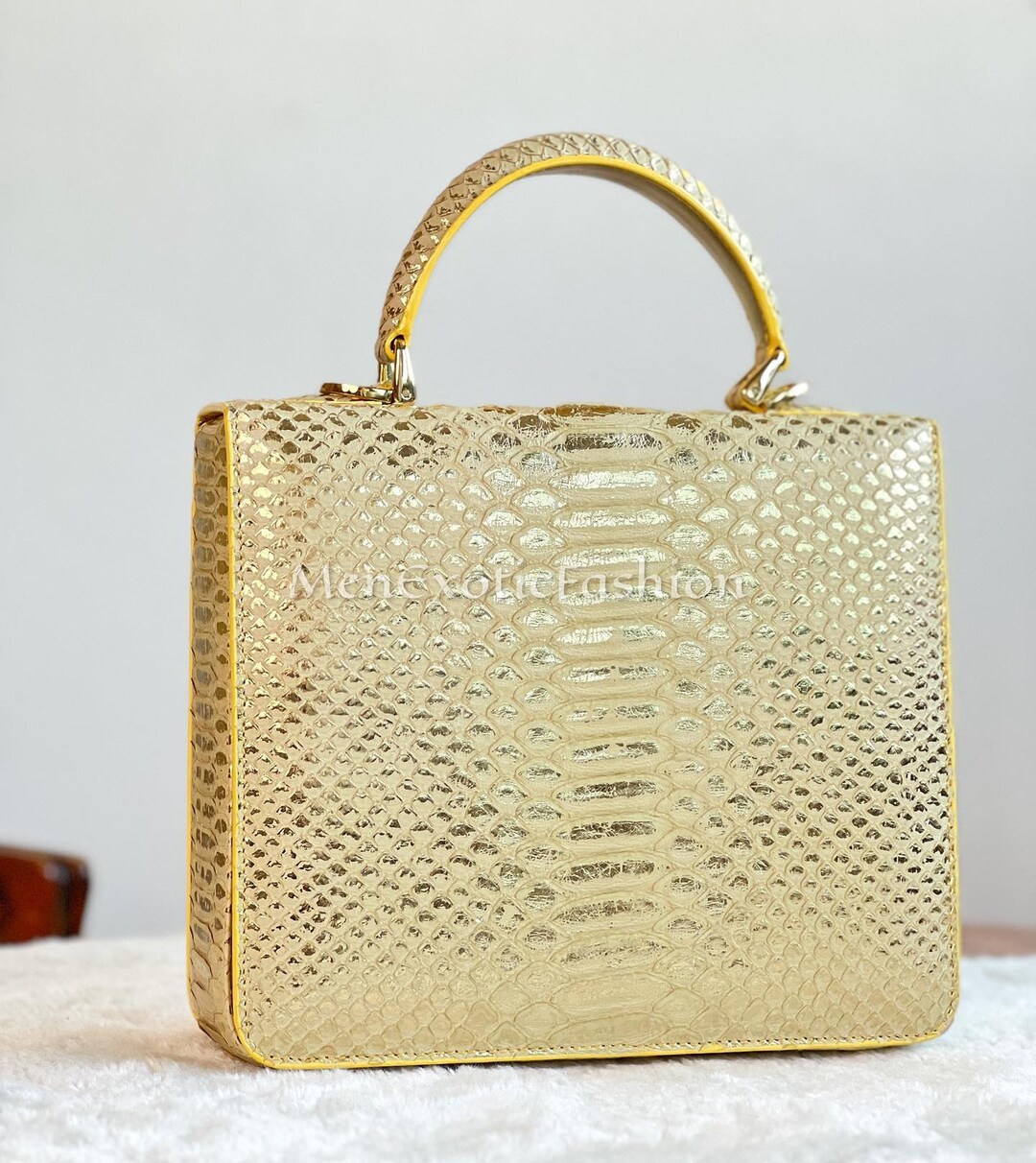 Gold Exotic Genuine Python Top Handle Bag Leather Bag Snake Etsy