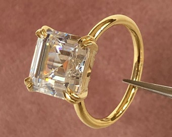 White Asscher Cut Double Claw Prong Cz Diamond Ring | Birthstone Ring For Her | Everyday Wear Solid Gold Ring | Delicate Solo Diamond Ring