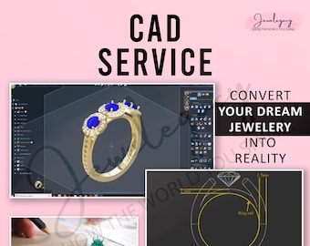 May include: A digital illustration of a gold ring with blue gemstones. The ring is shown in a 3D design program. The text "CONVERT YOUR DREAM JEWELERY INTO REALITY" is displayed on the image.
