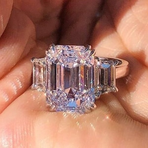 White Emerald Cut 4 Double Claw Prong Set With Three Stone Cz Diamond Ring | Special Occasion Wear Sterling Silver Ring | Jewelry Collection