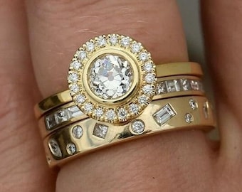 White Round Cut  Bezel Set & Halo Diamond Engagement Ring Set | Special Events Solid Gold Jewelry