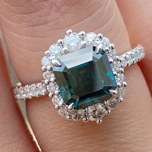 Green Asscher Cut Halo Moissanite Diamond Ring | Wedding Gift Ring For Bridal | Solid Gold Bridal Wear Ring | Jewelry Collection For Women