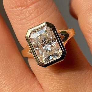 White Radiant Cut Diamond Bezel Set Engagement Ring | Split Shank Solid Gold Jewelry For Her