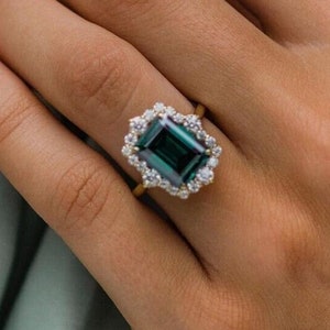 Pretty Green Emerald Cut Halo Cz Diamond Ring | Wedding Gift Solid Gold Ring | Designer Jewelry Collection For Women | Anniversary Gift Ring