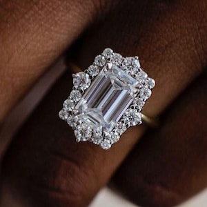 White Emerald Cut Halo Cz Diamond Ring | Wedding Gift Solid Gold Ring For Bridal | Celebrity Style Ring | Designer Ring | Special Event Ring
