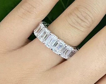 White Emerald Cut Gallery Setting Full Eternity Cz Diamond Band | Anniversary Gift Ring For Wife | Solid Gold Band | Wedding Proposal Band