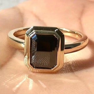 Black Emerald Cut Diamond Bezel Set Birthday Gift Ring | Party Wear Solid Gold Jewelry For Women