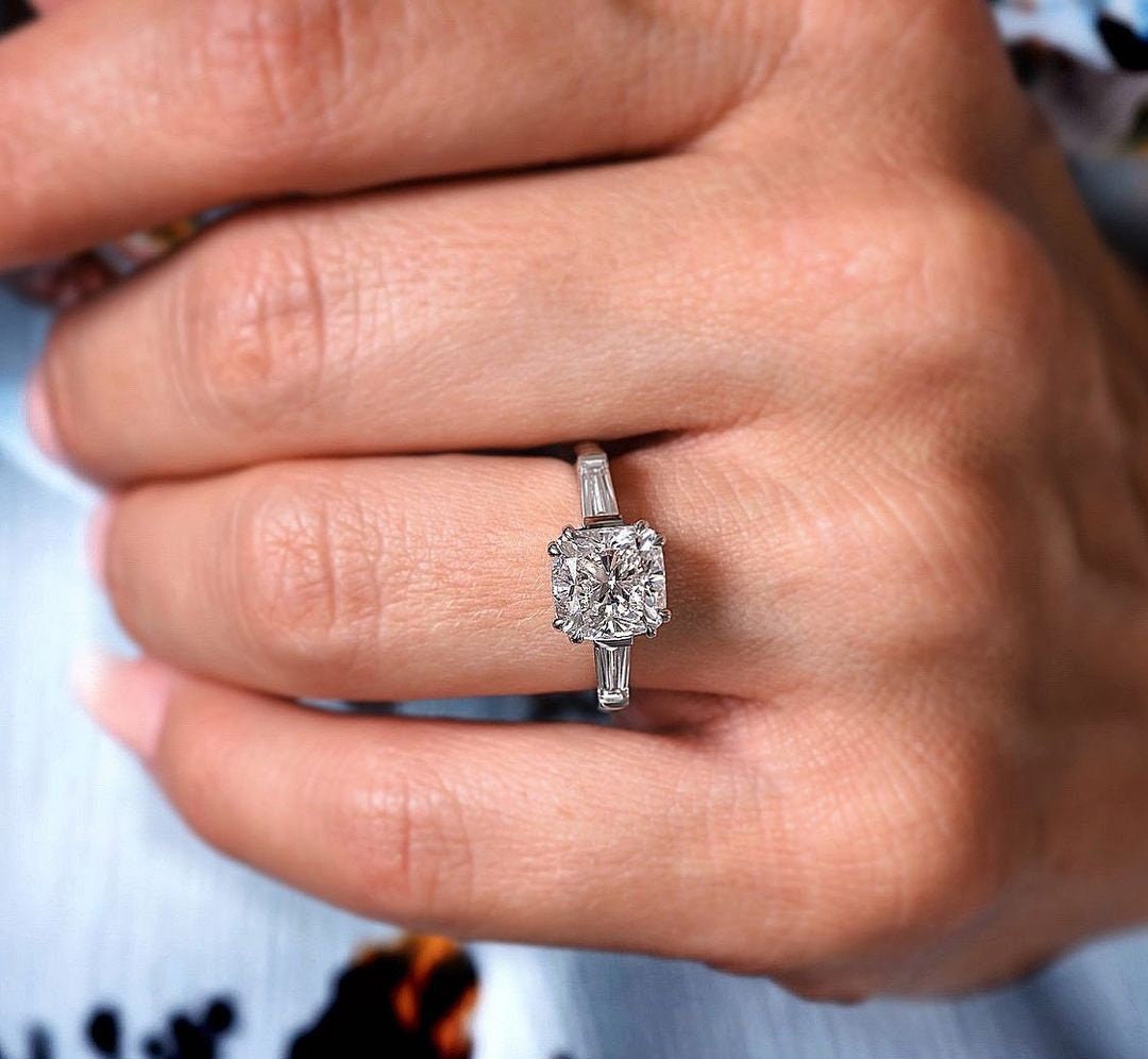 White Cushion Cut CZ Diamond Three Stone Ring 925 Sterling Etsy