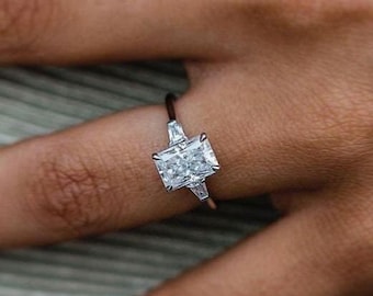 White Radiant Cut Three Stone Diamond Birthday Gift Ring | Sterling Silver Jewelry For Her