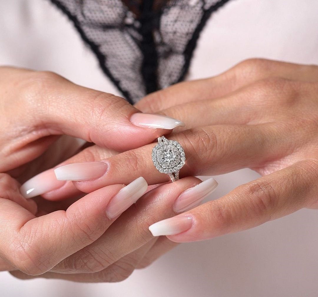 White Cushion Cut CZ Diamond Double Halo Ring 925 Sterling Silver Split