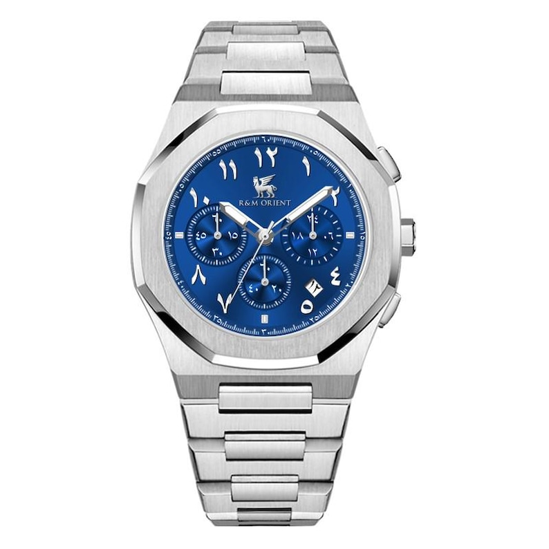 May include: A stainless steel wristwatch with a blue face and Arabic numerals. The watch features three sub-dials and the text "R & M ORIENT" above a winged creature. The watch has a silver band.