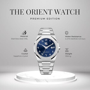 May include: A stainless steel watch with a blue face and Arabic numerals. The watch, from the "Premium Edition" of The Orient Watch, features a sapphire crystal and is water-resistant up to 160 feet. The watch weighs 139.0 grams.