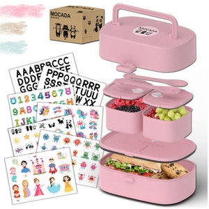 MOCADA® bentobox voor kinderen met handvat incl. 216 stickerset BPA vrij Lekbare, duurzame lunchbox voor kleuterschool & school. Roze