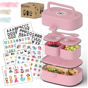 May include: Pink three-tiered lunch box with a handle, two compartments, and a removable cutlery set. The lunch box comes with a set of stickers featuring letters, numbers, unicorns, monsters, and princesses. The box has the text "MOCADA" on it.