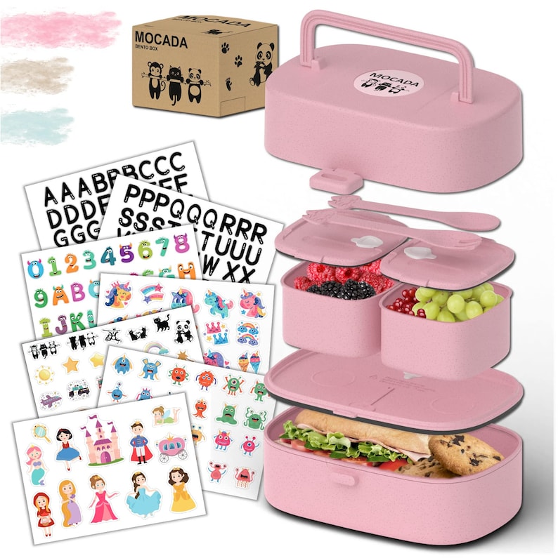 MOCADA® bentobox voor kinderen met handvat incl. 216 stickerset BPA vrij Lekbare, duurzame lunchbox voor kleuterschool & school. Roze