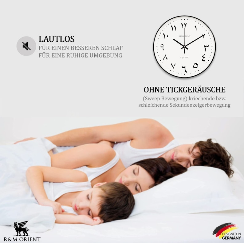 Pu&ograve; includere: Un orologio bianco con numeri arabi neri e una lancetta dei secondi nera. L'orologio &egrave; silenzioso e ha un movimento a scorrimento. Il testo "LAUTLOS" &egrave; visibile nell'immagine, che si traduce in "silenzioso" in italiano. Il testo "F&Uuml;R EINEN BESSEREN SCHLAF" &egrave; anche visibile, che si traduce in "per un sonno migliore" in italiano. Il testo "F&Uuml;R EINE RUHIGE UMGEBUNG" &egrave; anche visibile, che si traduce in "per un ambiente tranquillo" in italiano. Il testo "OHNE TICKGER&Auml;USCHE" &egrave; anche visibile, che si traduce in "senza ticchettio" in italiano. Il testo "(Sweep Bewegung) kriechende bzw. schleichende Sekundenzeigerbewegung" &egrave; anche visibile, che si traduce in "(Movimento a scorrimento) movimento strisciante o scorrevole della lancetta dei secondi" in italiano. Il testo "R&M ORIENT" &egrave; anche visibile nell'immagine. Il testo "DESIGNED IN GERMANY" &egrave; anche visibile nell'immagine.