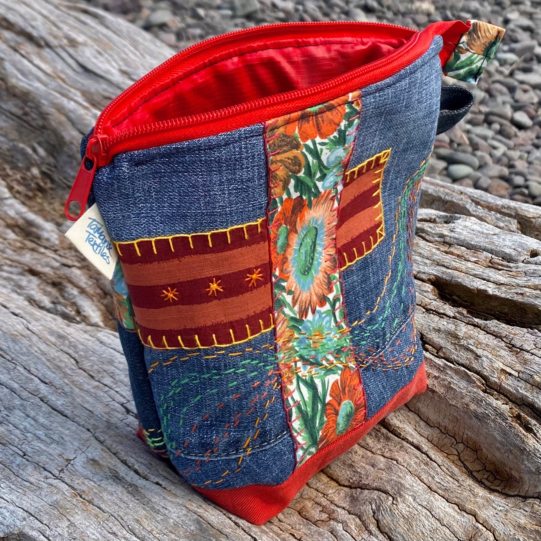 Denim, Patchwork & Hand Embroidered Wash Bag, Purse