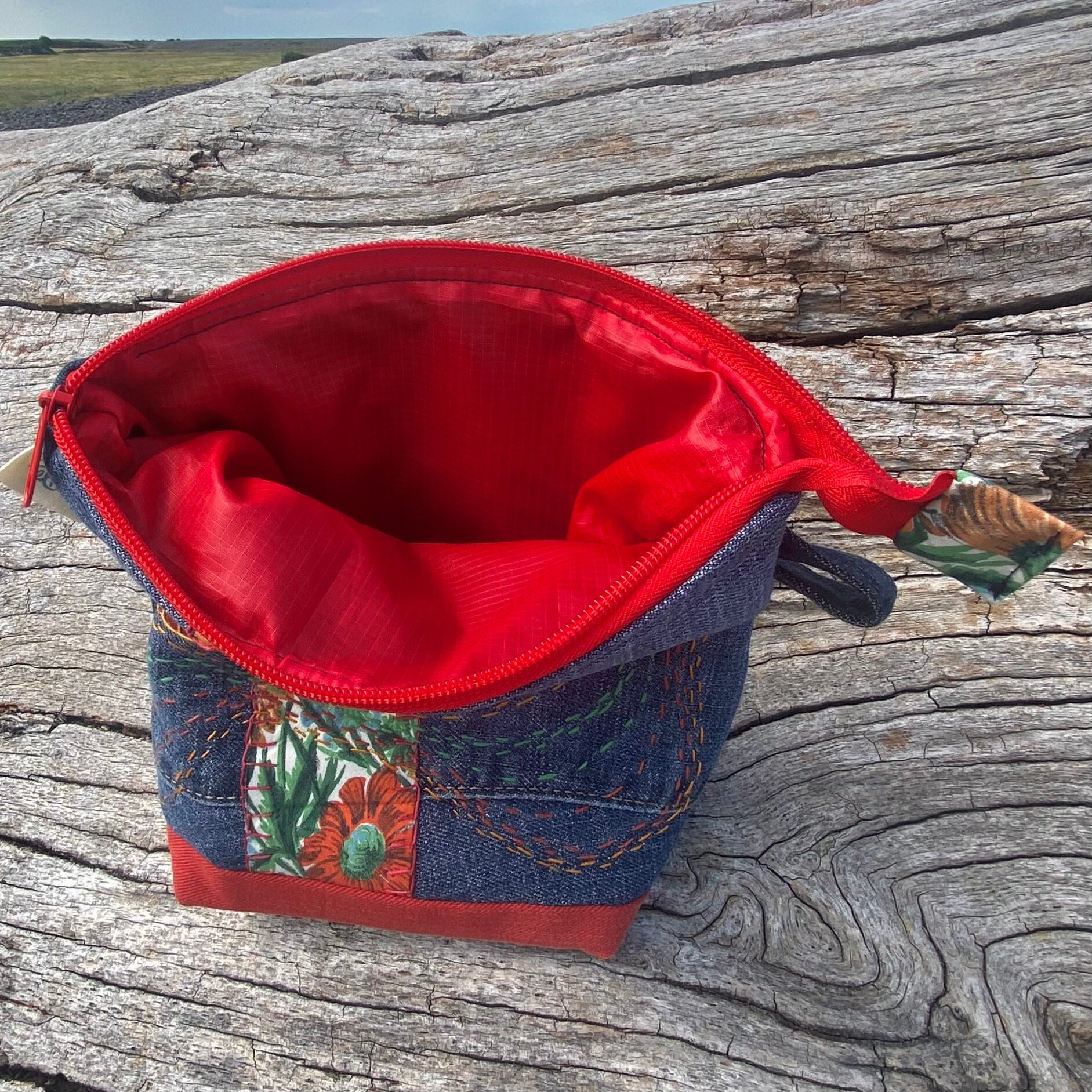 Denim, Patchwork & Hand Embroidered Wash Bag, Purse
