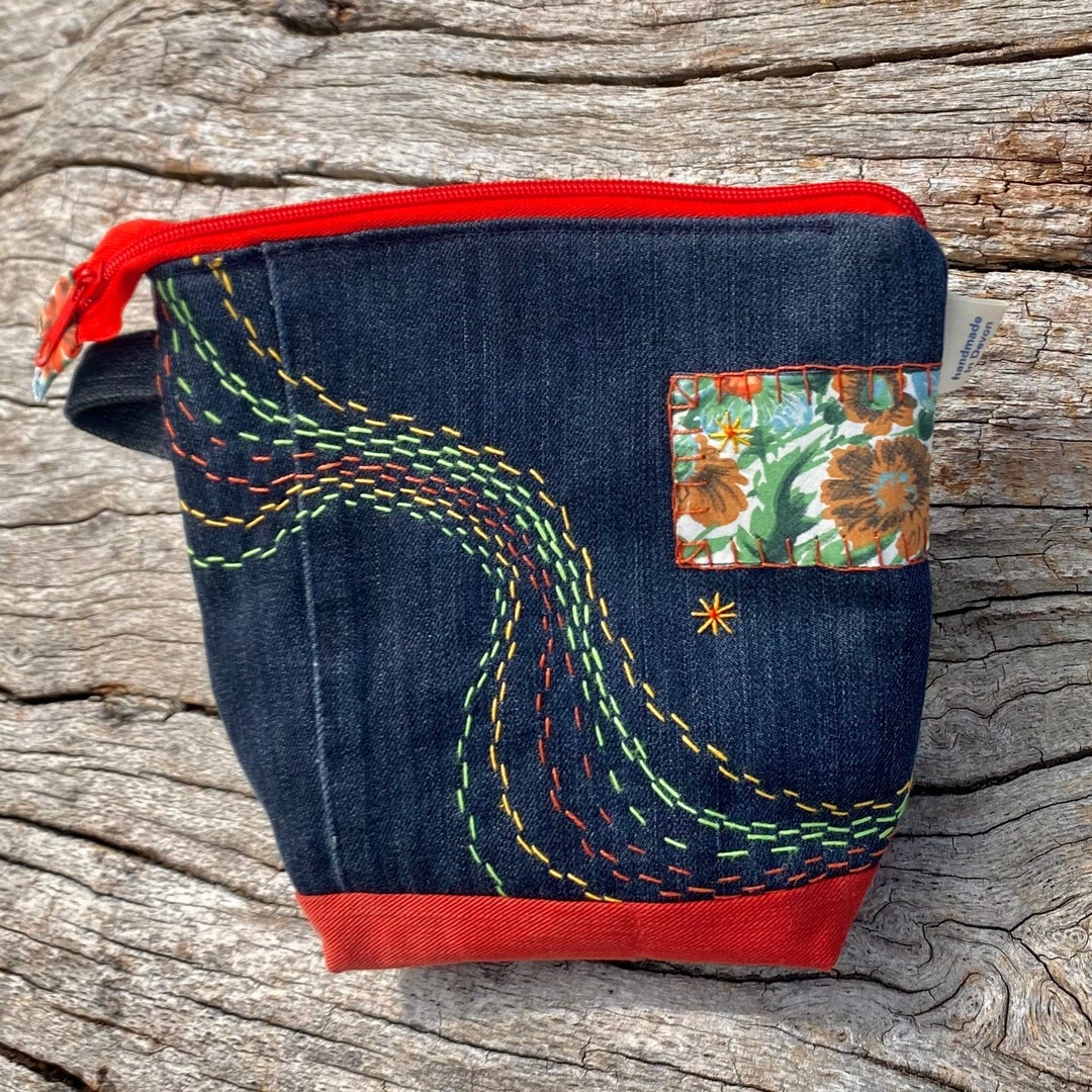 Denim, Patchwork & Hand Embroidered Wash Bag, Purse