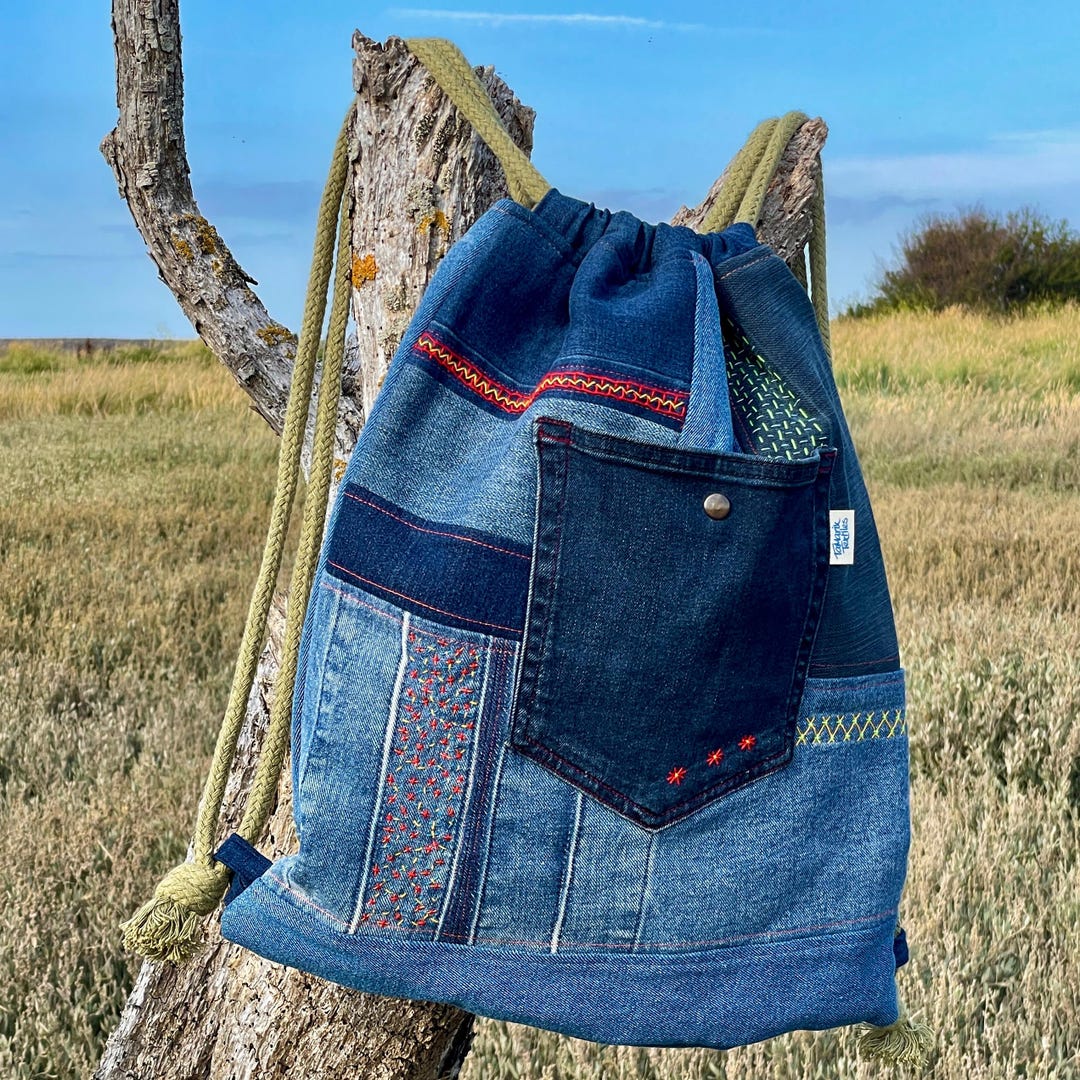 Abc Handmade Rucksack Handmade Upcycled Denim Rucksack: Sashiko Stitched Drawstring Bag - Etsy