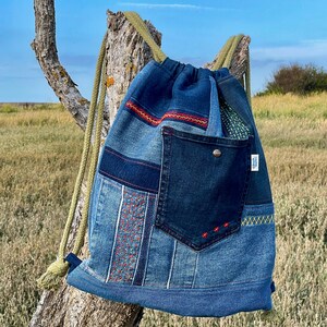 Handmade Upcycled Denim Rucksack: Sashiko Stitched Drawstring Bag