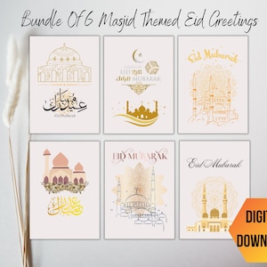 May include: A set of six digital printable greeting cards featuring mosque illustrations and the text "Eid Mubarak" in Arabic and English. The cards are designed in a gold and white color scheme.