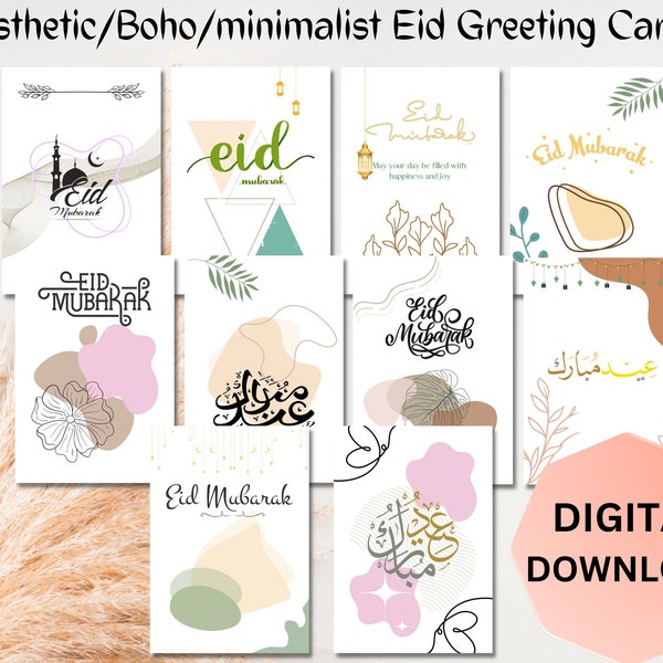 Eid Mubarak Cards, Multipack digital card set , Eid Al Adha/Fitr Greetings, Aesthetic Cards, Minimalist Design, Neutral, Eid card printable