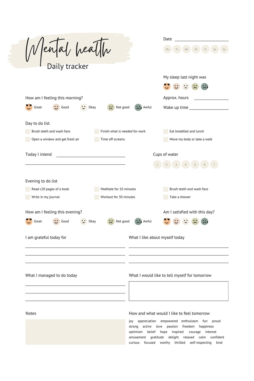 Mental Health Daily Tracker - Etsy