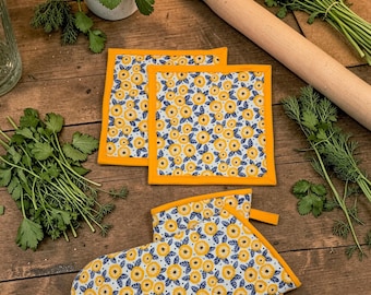 Juego de utensilios de cocina Marigold Collection: guantes de horno y agarraderas acolchadas – Hechos a mano