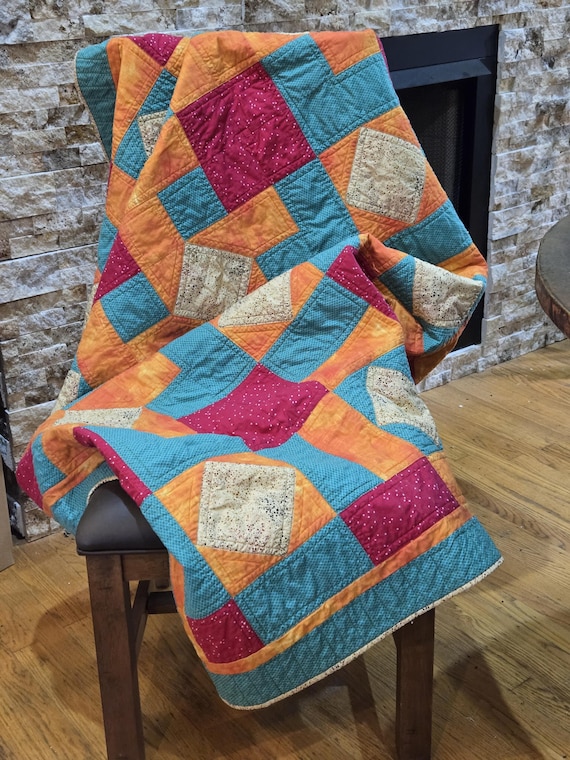 Handmade Geometric Quilt, Large Cozy Cotton Throw 53x67 – Colorful  Patchwork Blanket