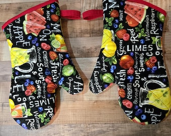 Fruit Print Quilted Oven Mitts, , Handmade Kitchen Gloves, Red or Lime Green Summer Kitchen Decor