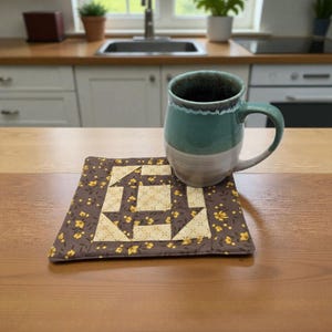 Mug Rug, Coaster, coffee tea; gift; handmade, churn dash; handmade; quilted patchwork; farmhouse; cottagecore