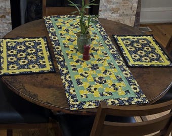 Sunflower and Bee Quilted Table Runner:  Cotton Farmhouse Decor 17.5 x 47