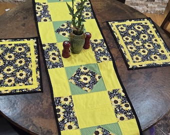Sunflower & Bee Quilted Table Runner – 64x16.5 Farmhouse Country Kitchen Decor,  Dining Room Linens